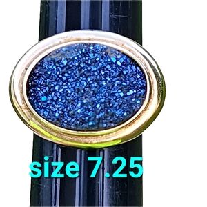 Sterling silver blue druzy quartz ring size 7.25 with gold vermeil Fine Jewelry